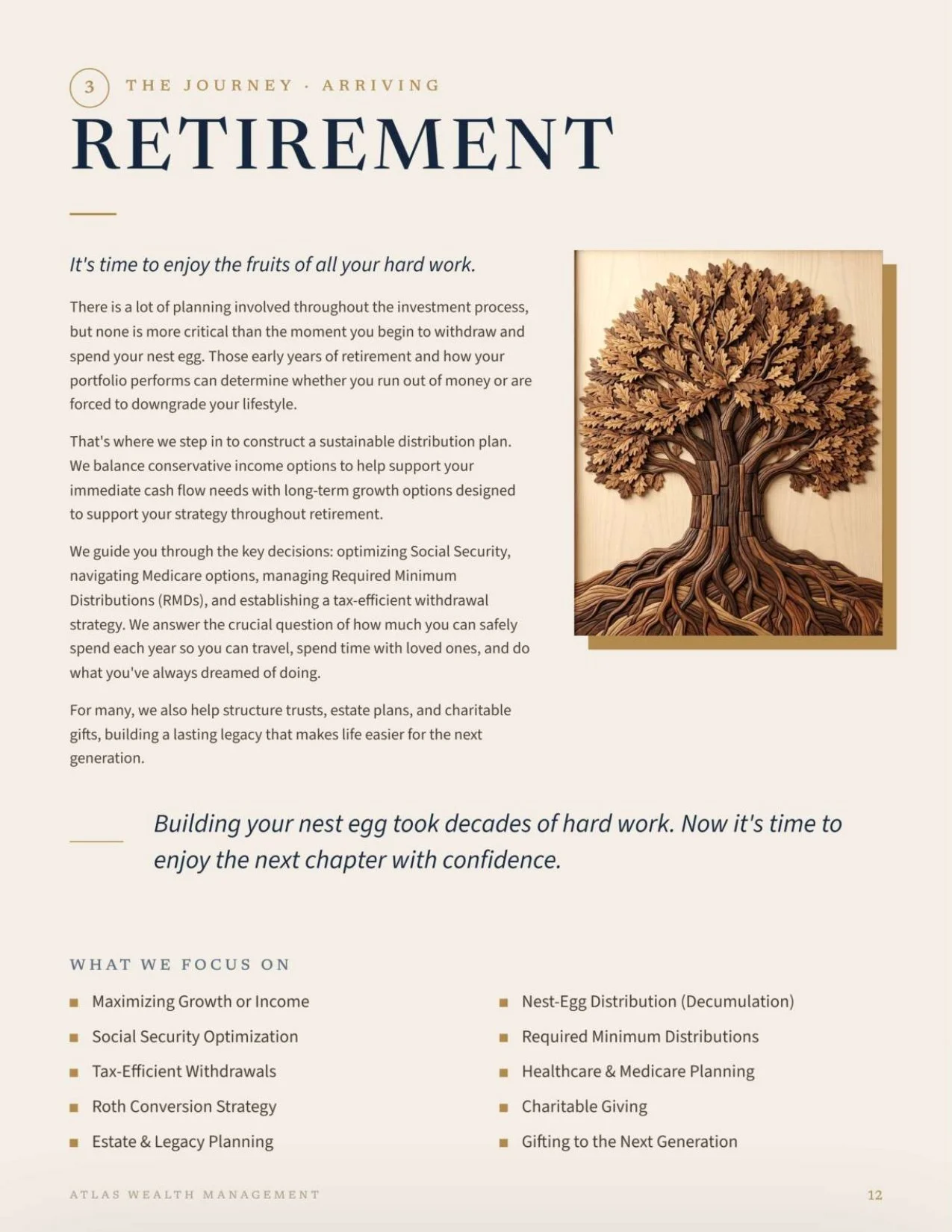 A page from a retirement planning book featuring a wooden tree sculpture on the right and text about retirement strategies on the left.