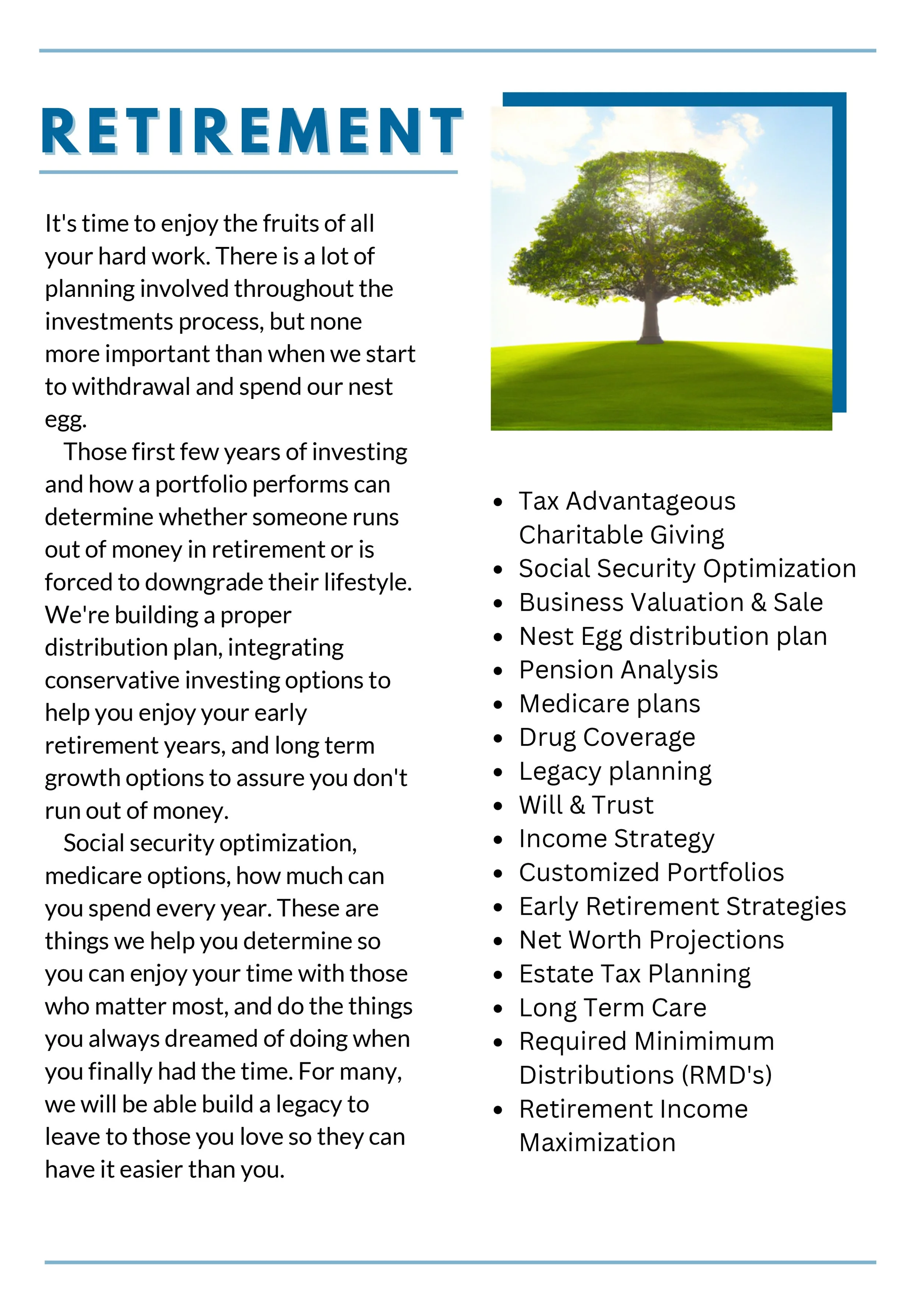 A retirement planning flyer featuring a large, vibrant tree with green leaves, set against a bright sky with fluffy clouds.