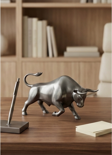 A silver bull figurine on a wooden desk next to a pen and a notepad in an office setting.
