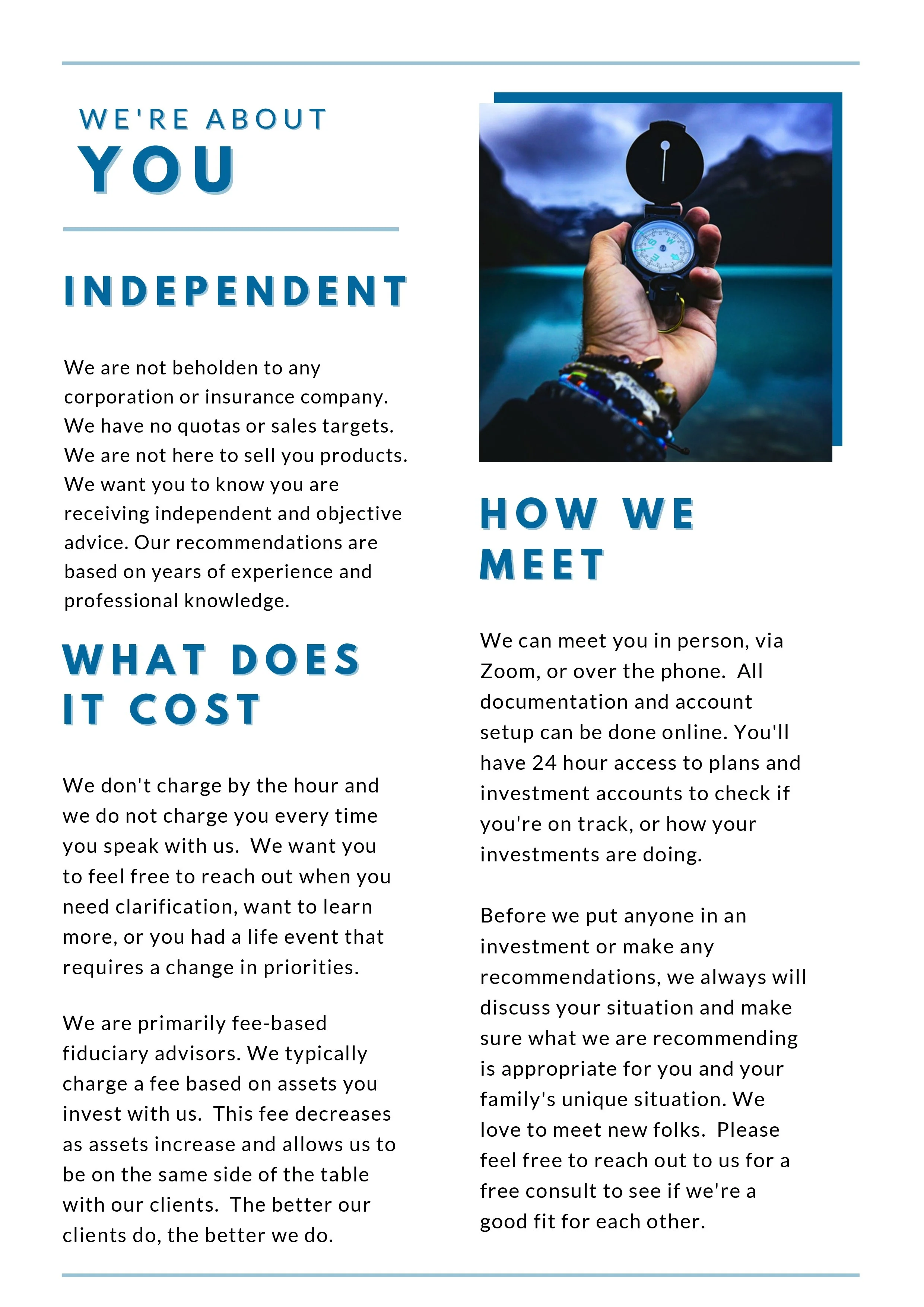 A brochure page with a photo of a hand holding a compass near a lake and mountain landscape. Contains headings and text about independence, costs, and meeting options.