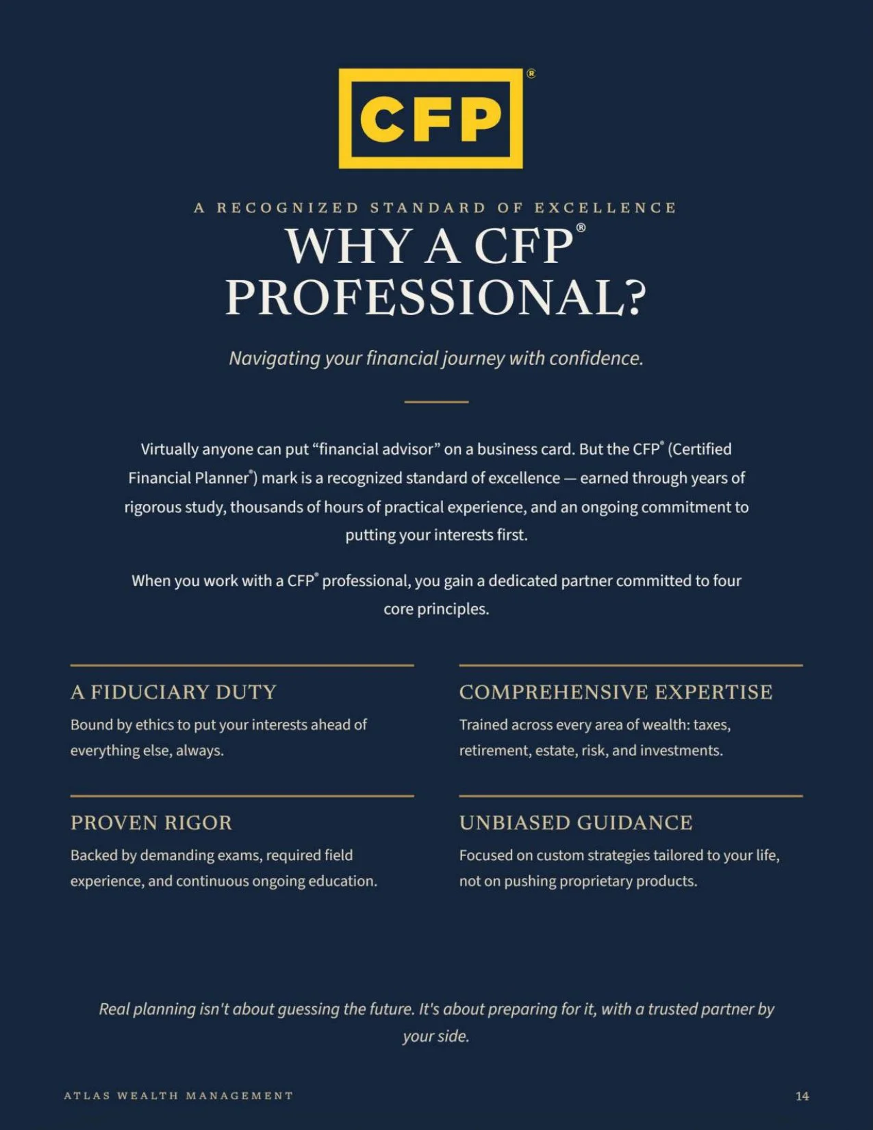 A brochure or promotional page for CFP professional certification, explaining the benefits and core principles such as fiduciary duty, comprehensive expertise, proven rigor, and unbiased guidance.