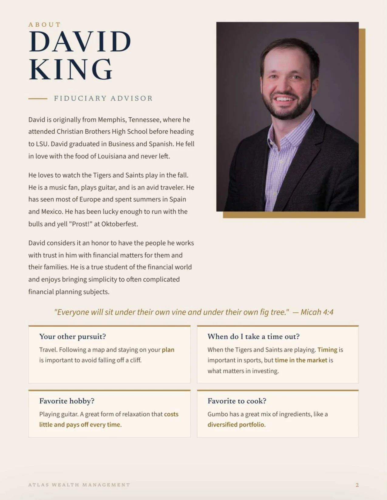 About David King profile page with his photo and biography, along with questions and answers about his interests and hobbies.