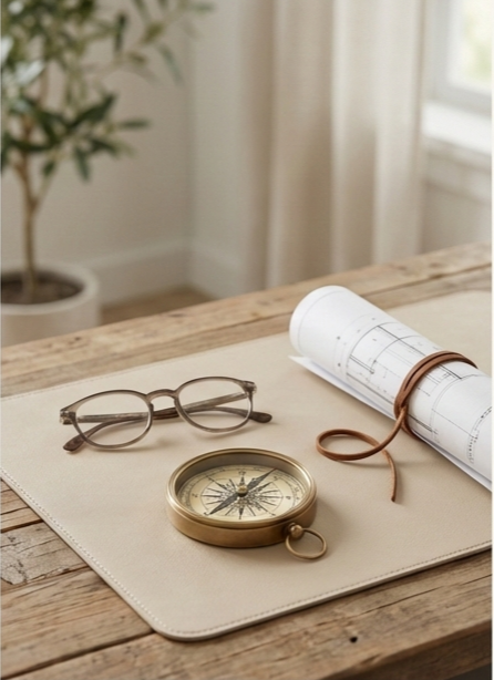 Glasses, a compass, and a rolled-up blueprint on a desk by a window.