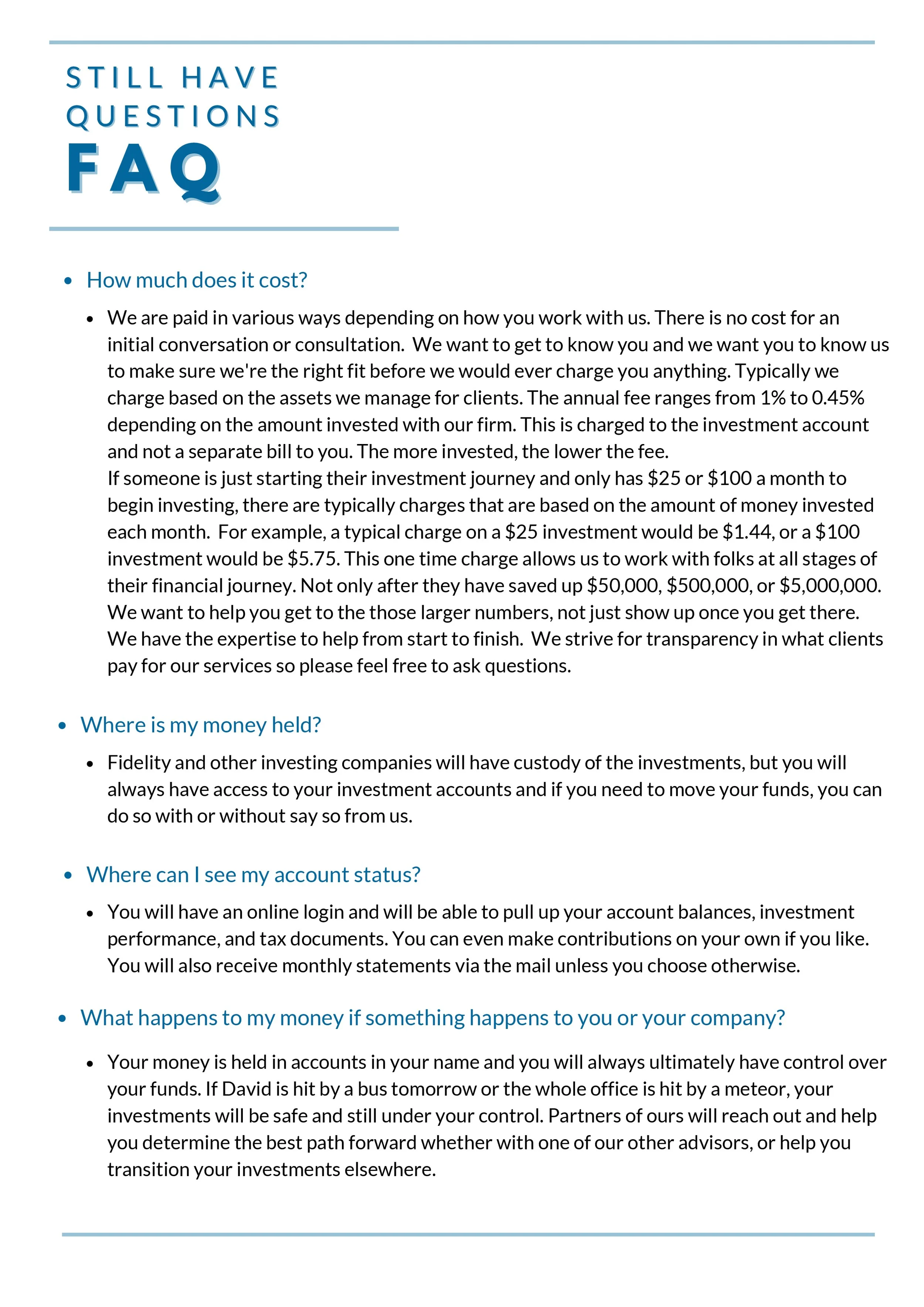 A FAQ page with questions and answers about costs, account security, account status, and handling of funds, with blue headings and black text on a white background.