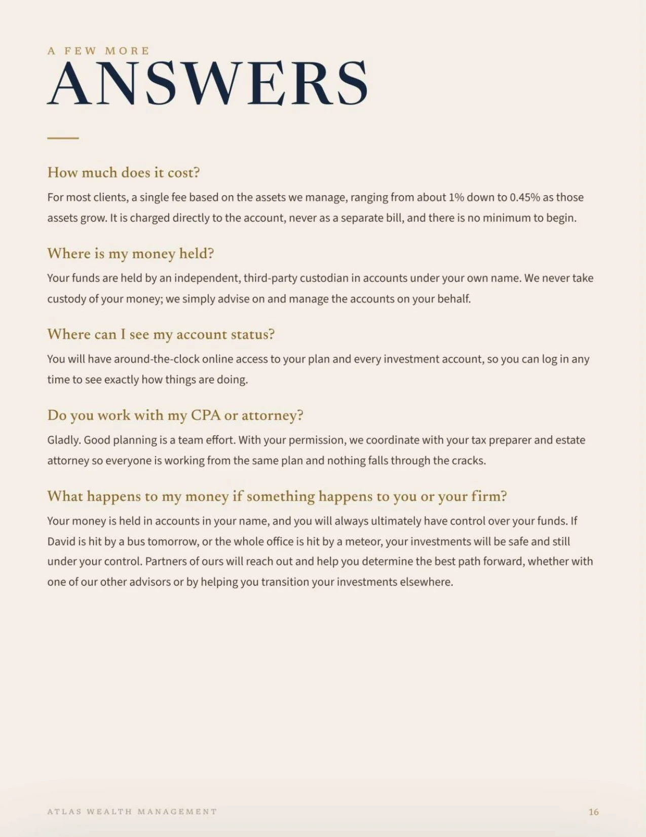 Page from a pamphlet or brochure titled 'Answers' with questions and answers about financial management, fees, account security, and working with professionals.