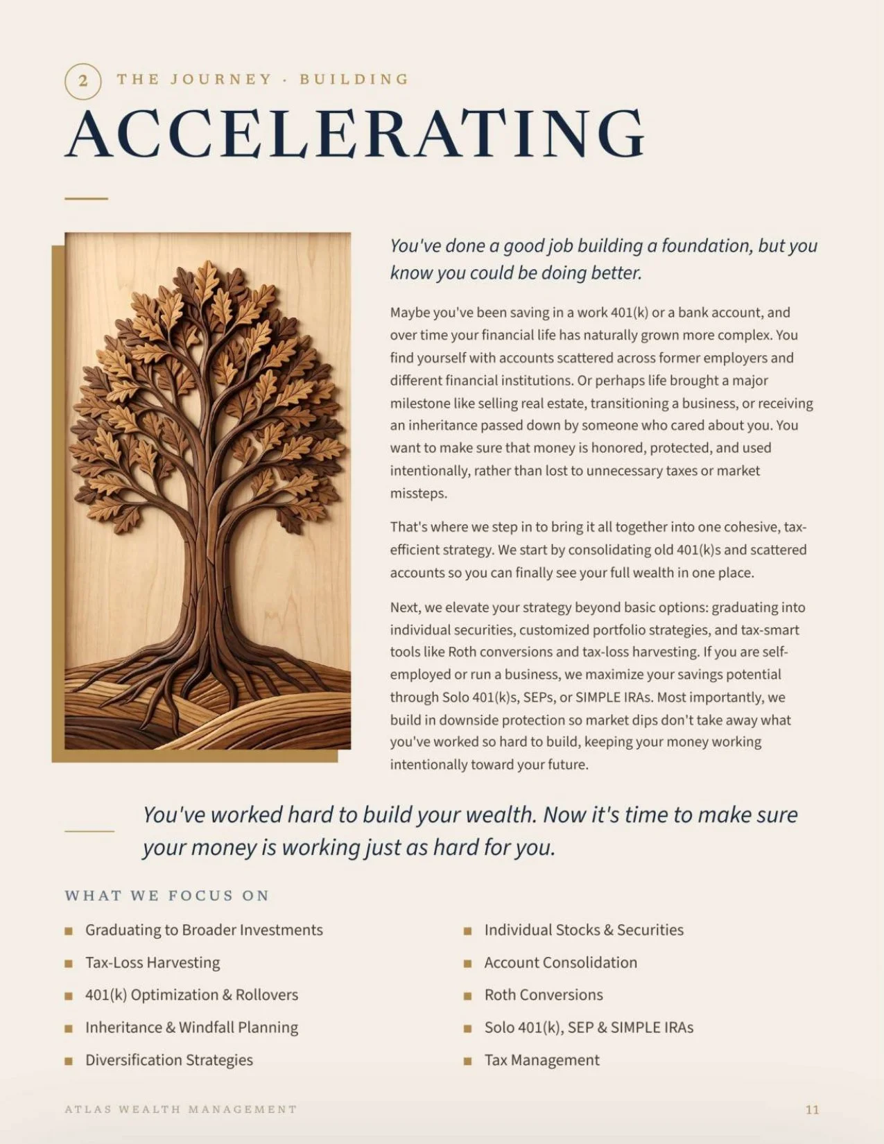 A page from a financial book titled 'Accelerating' with a carved wooden tree on the left side and text on the right discussing wealth-building strategies such as investing, tax planning, and account management.