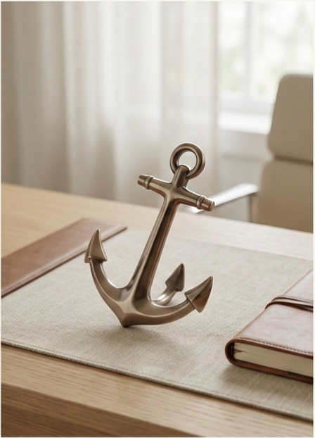 Decorative anchor on a dining table with placemats and a notebook, in a bright room.