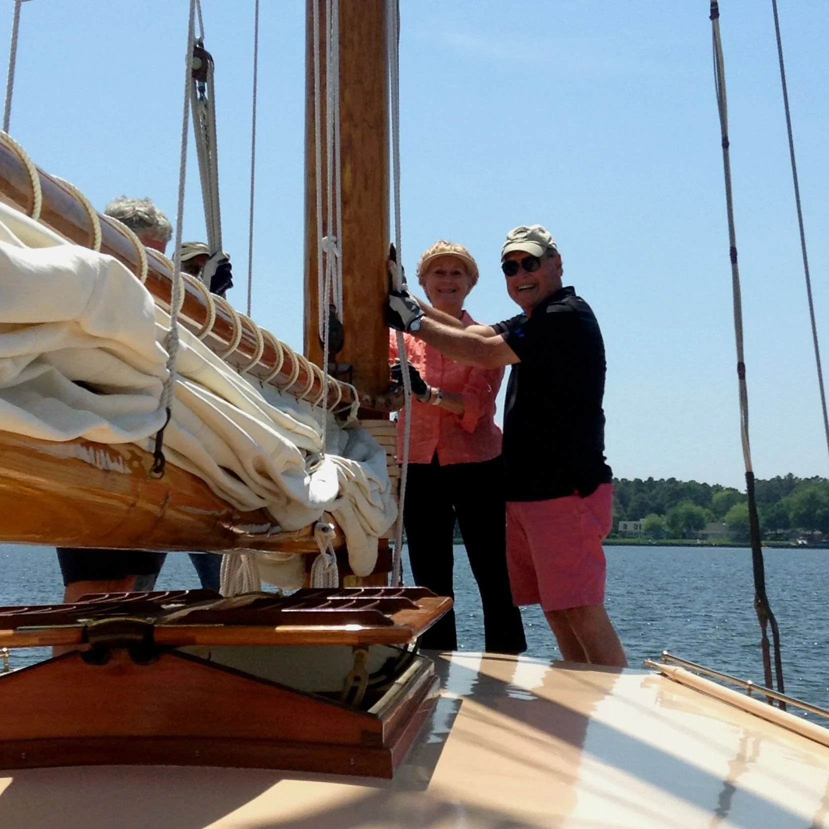 Two enthusiastic sailing students aboard Selina II as a part of the Private Sailing Lessons Package.