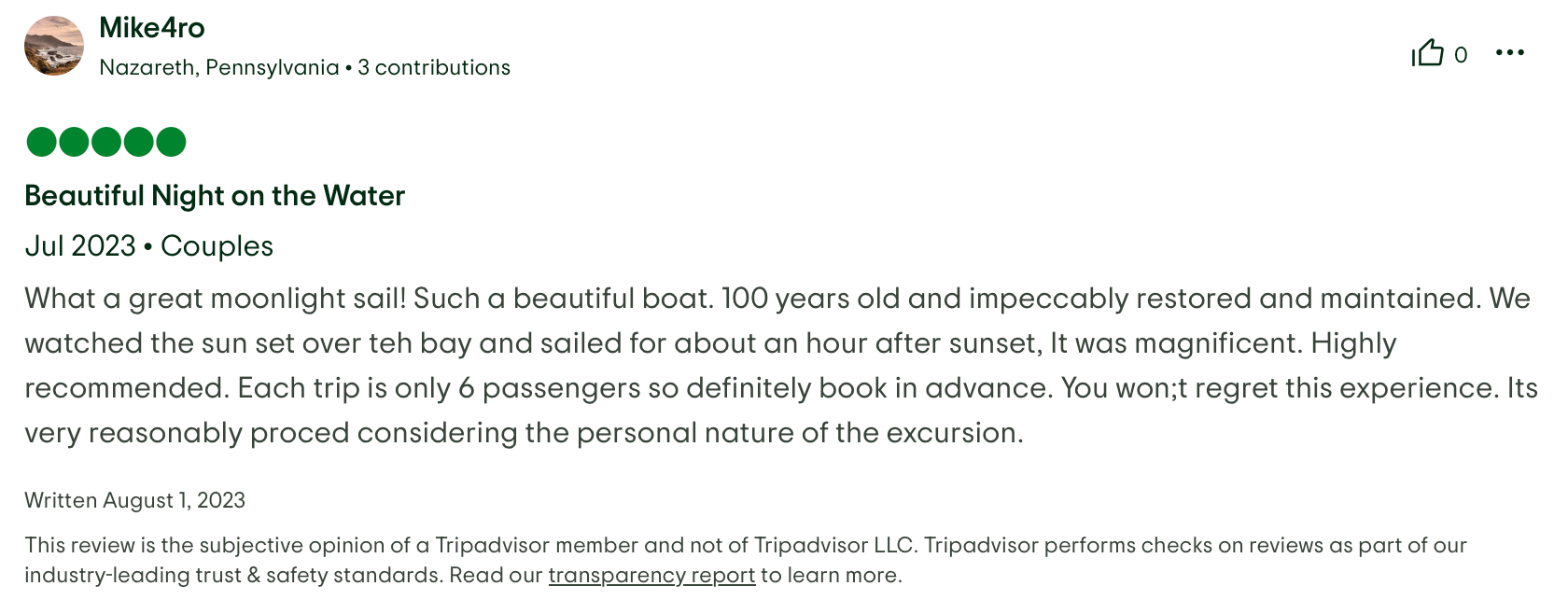 Five green circles indicating a five-star rating for a review titled 'Beautiful Night on the Water' about a boat trip on a lake, written by a reviewer in Nazareth, Pennsylvania, in July 2023.