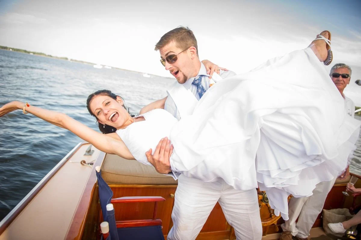Extremely happy newlyweds after being married aboard Selina II as part of the Nautical Wedding Package