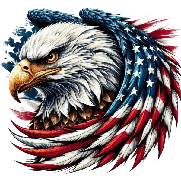 A stylized eagle with feathers in the pattern of the American flag, featuring white stars on a blue background and red and white stripes.