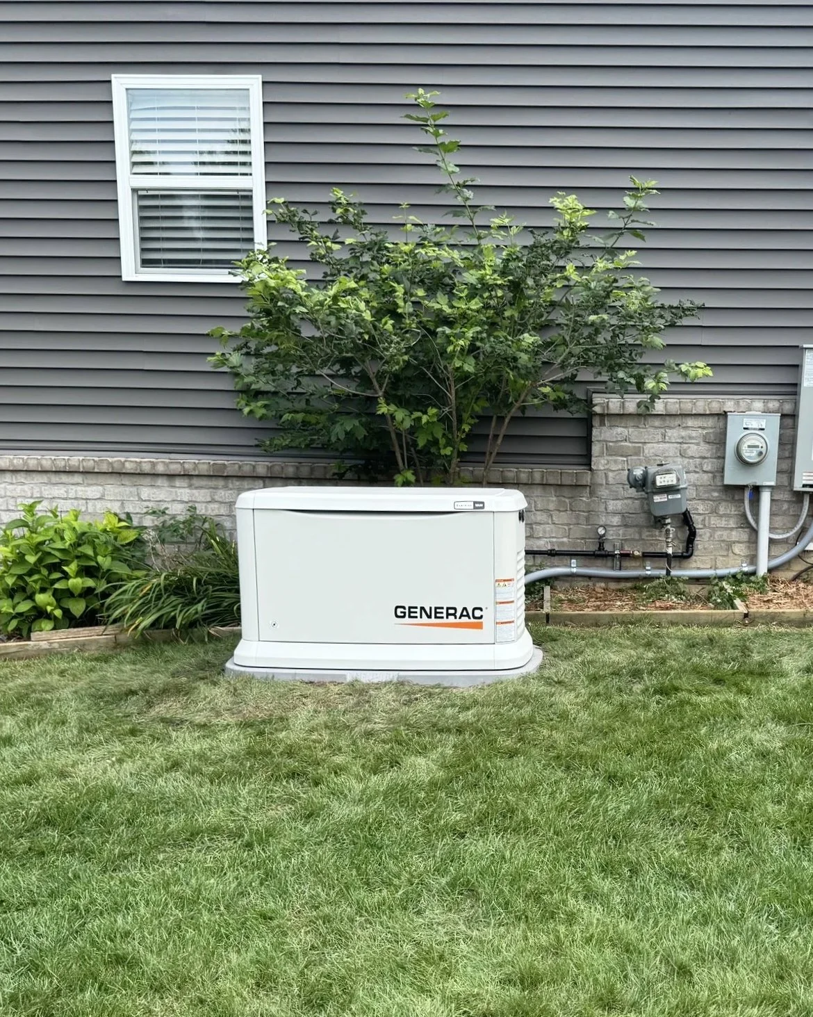 Backyard scene with a grass lawn, a white Generac generator, a small shrub, and a house with horizontal siding, a window, and utility meters.