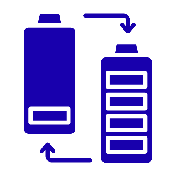 Diagram of a battery charging process with two batteries and arrows indicating the transfer of energy from one to the other.