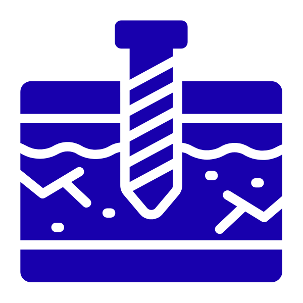 A blue and black icon of a screw in the ground with roots and debris around it, representing underground installation or fixing.