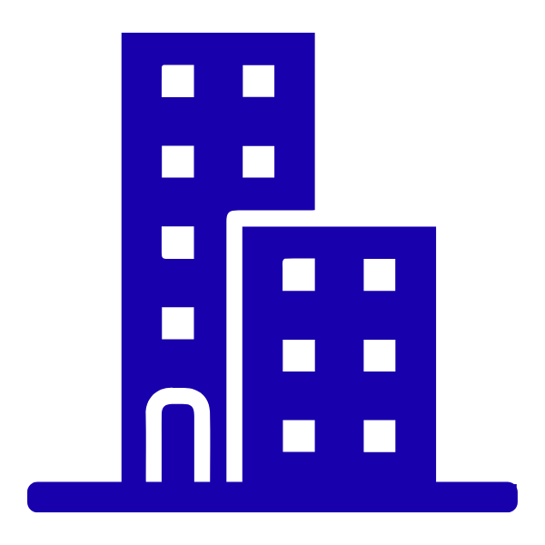 Two blue buildings against a black background, one taller than the other, with windows and doors.