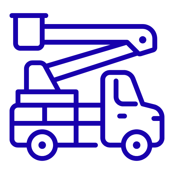 Outline of a bucket truck with a bucket lift extended above the vehicle.