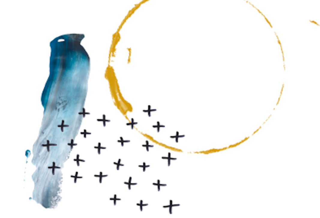 Abstract watercolor painting with blue brush stroke, black plus signs, and a gold circle outline.