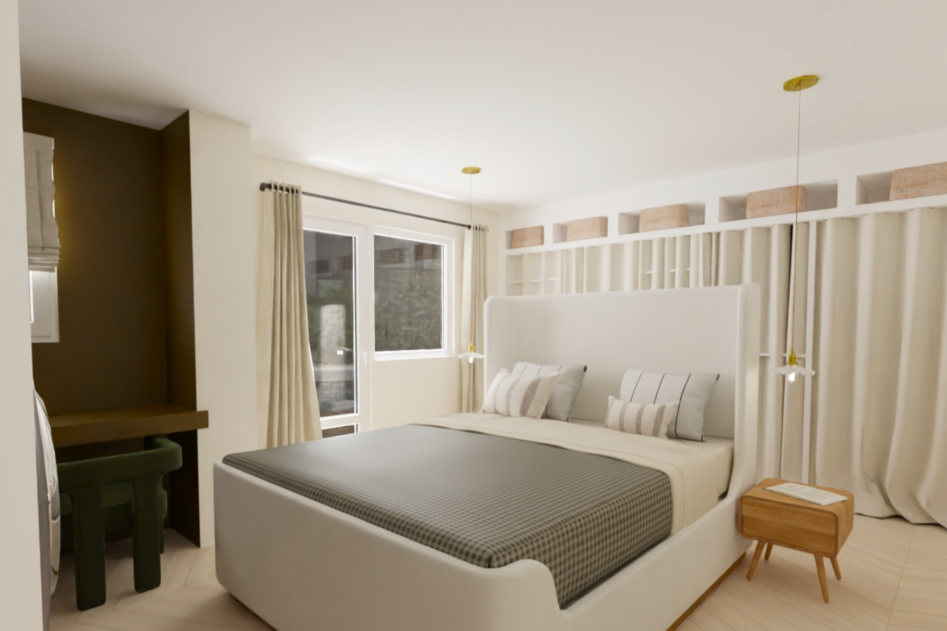 Contemporary bedroom with large bed, beige curtains, and natural light from window and sliding glass door, with modern décor and minimalist furniture.