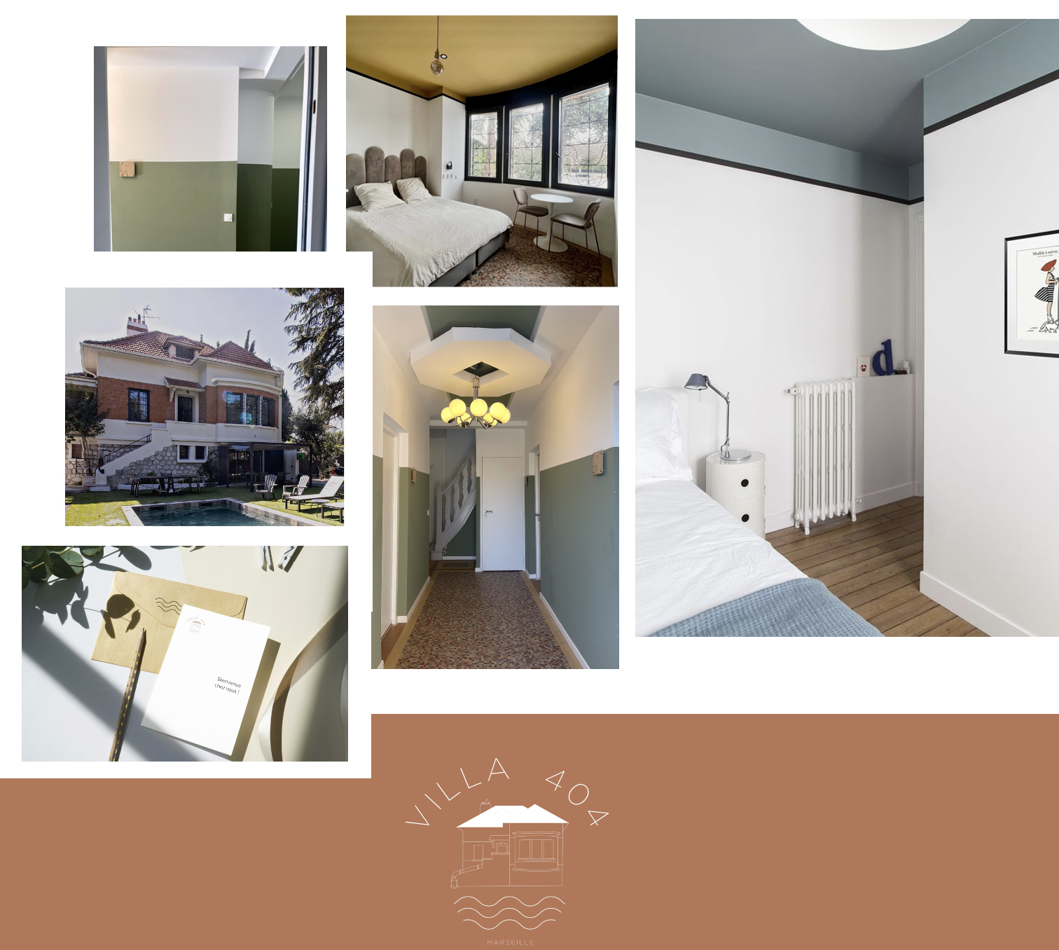 Collage of interior and exterior views of Villa 404 in Marseille, including a house with a swimming pool, bedrooms, hallway, and workspace, with a brown section at the bottom featuring a logo of a house and waves.