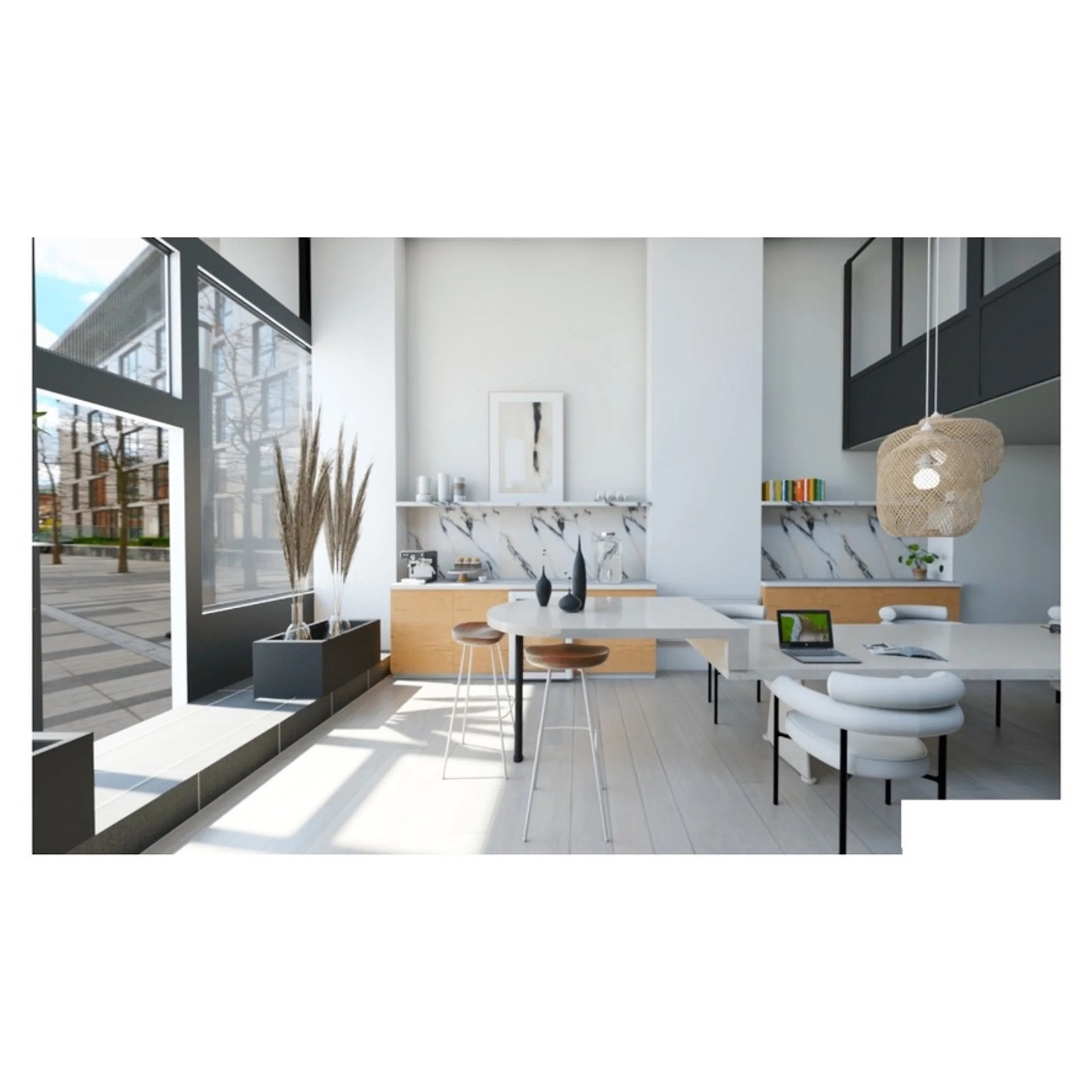 Modern interior of a bright, airy dining and living space with large windows, white walls, minimalist decor, and contemporary furniture.