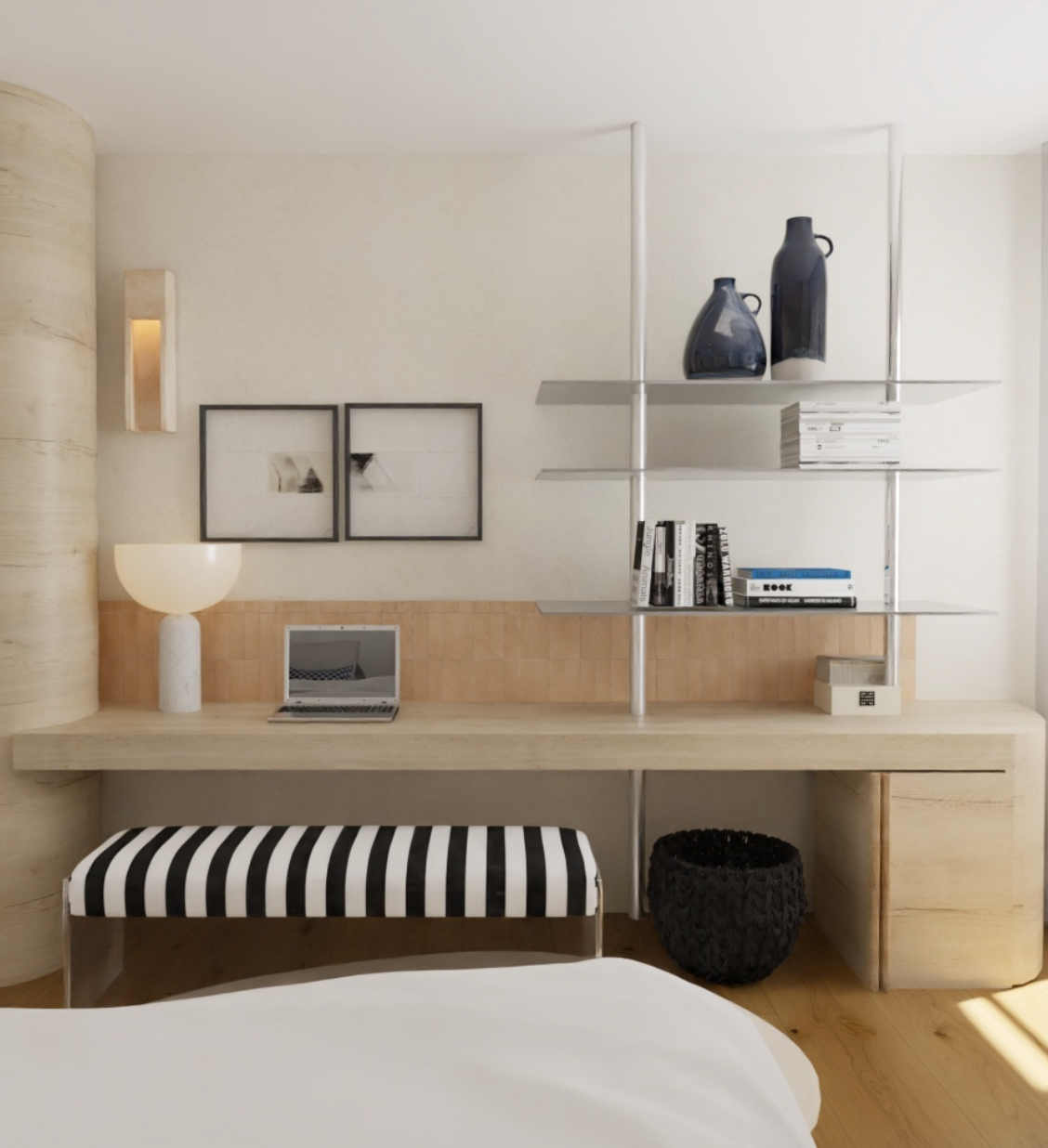 Modern bedroom with a built-in desk, black and white striped bench, wall-mounted shelves with decorative vases and books, a lamp, framed artwork, and a small window.