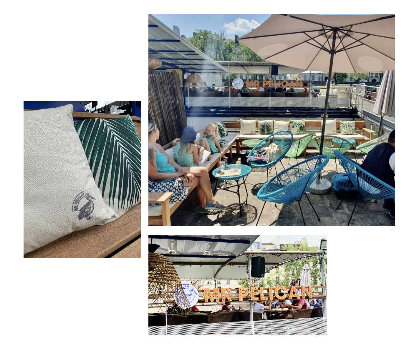 Outdoor patio of Mr. Pelican restaurant with seating area, colorful chairs, and people dining on a sunny day.
