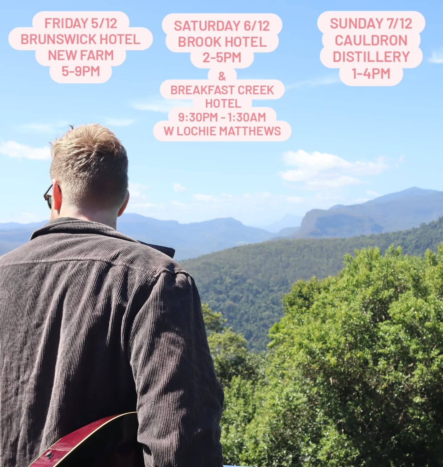 This week's gigs!
Fri: @brunswick.hotel 5-9pm
Sat: @brookhotel 2-5pm
Sat: @breakfastcreekhotel 9:30pm to 1
  W/ @lochiematthewsmusic
Sun: @cauldrondistillery 1-4pm