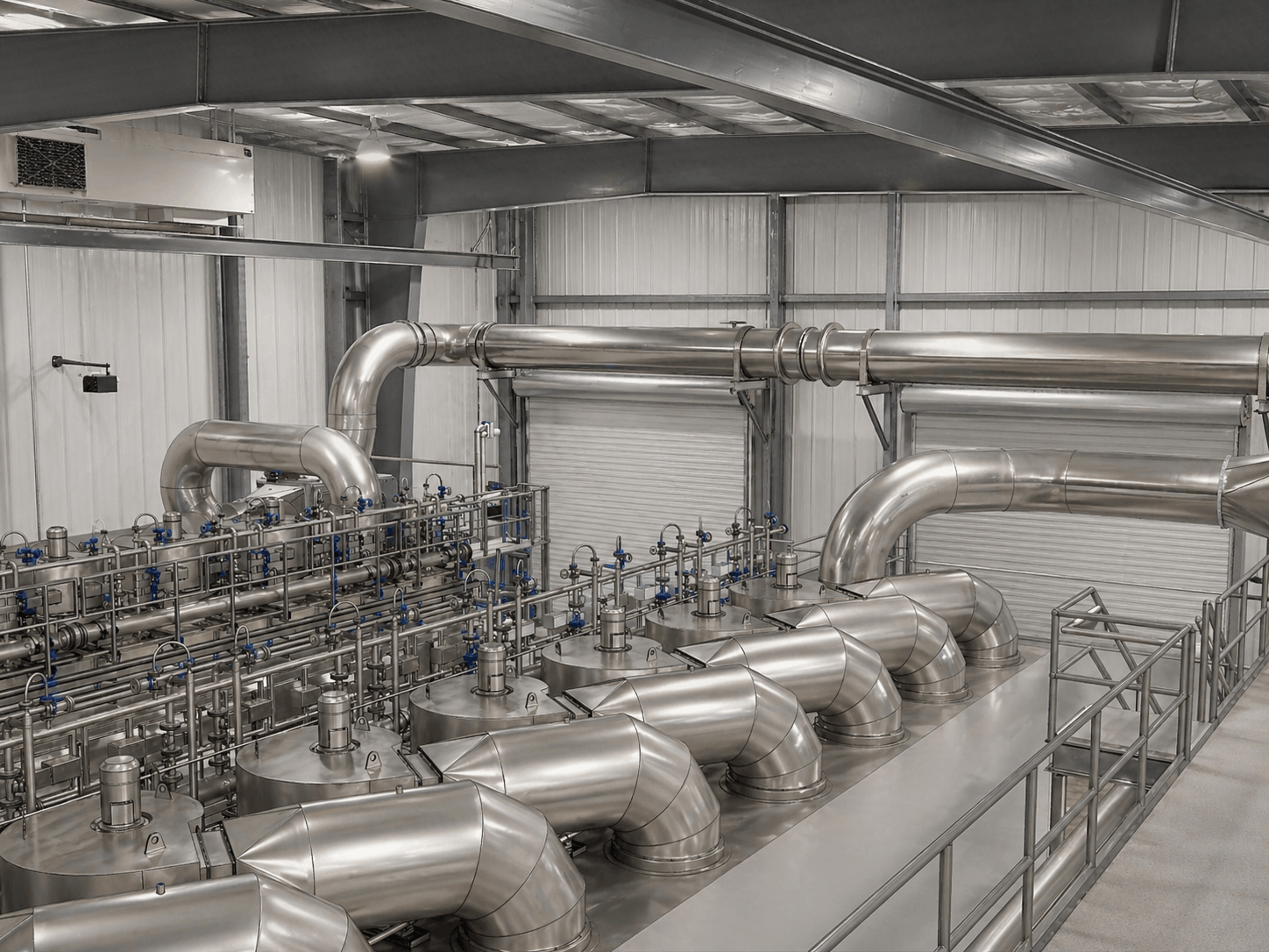 Industrial stainless steel pipes and machinery inside a manufacturing or processing plant.
