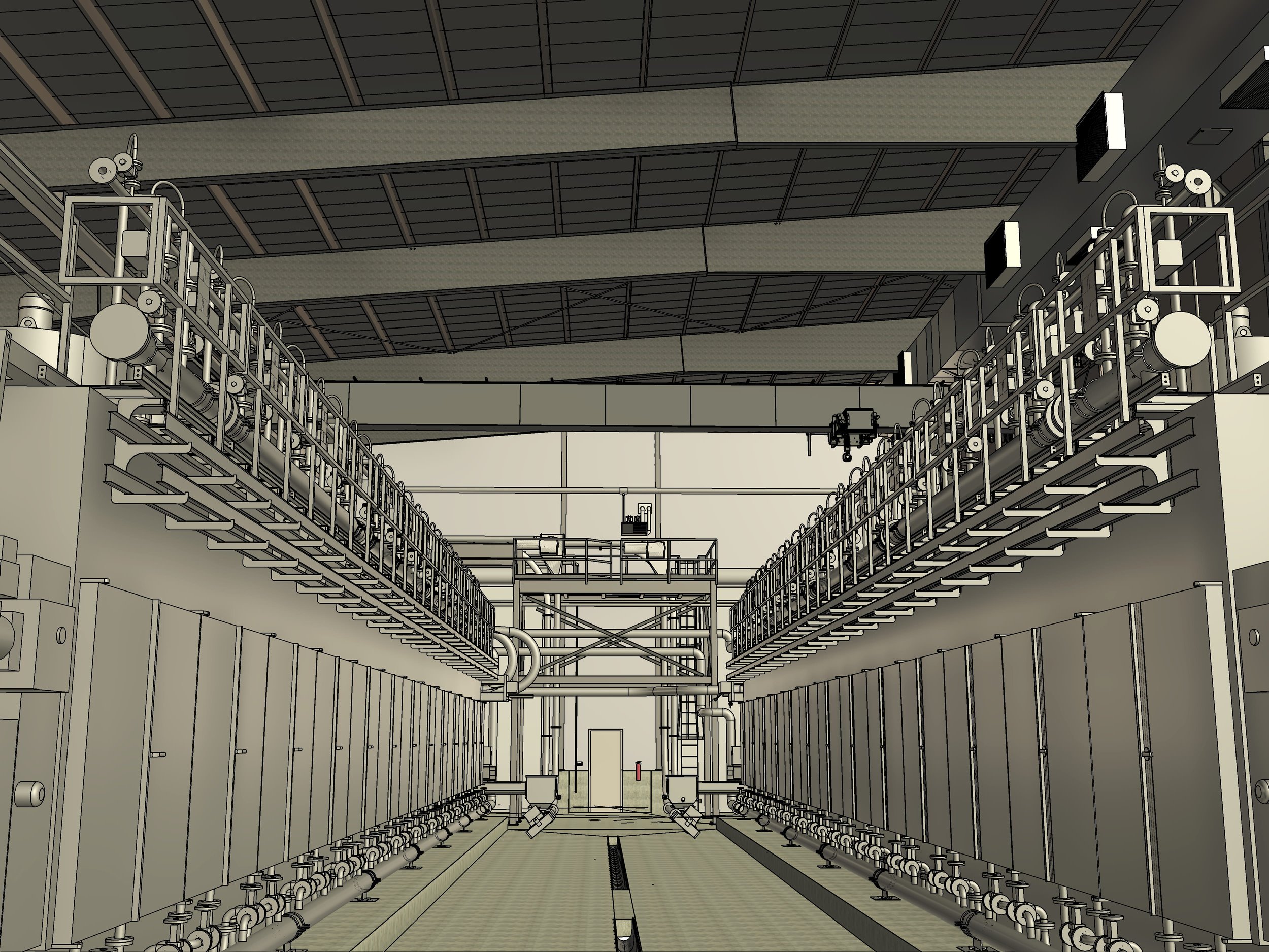 3D model of large-scale industrial processing line with piping and equipment layout.