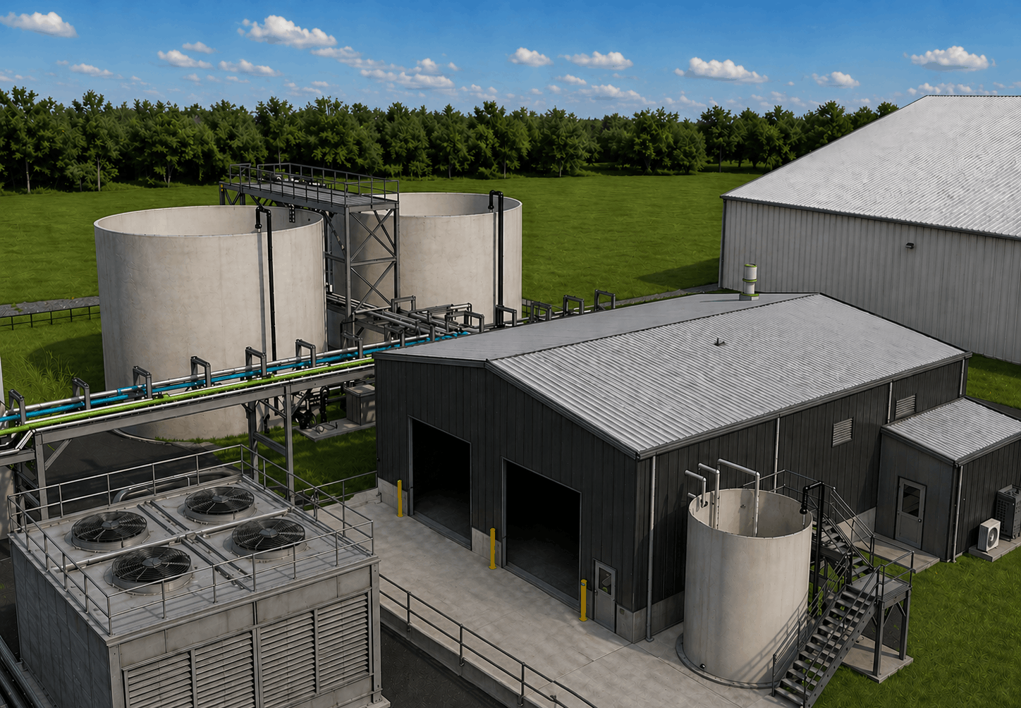 Industrial facility with large cylindrical tanks, a black building, and cooling units, situated on green grass with trees and blue sky in the background.