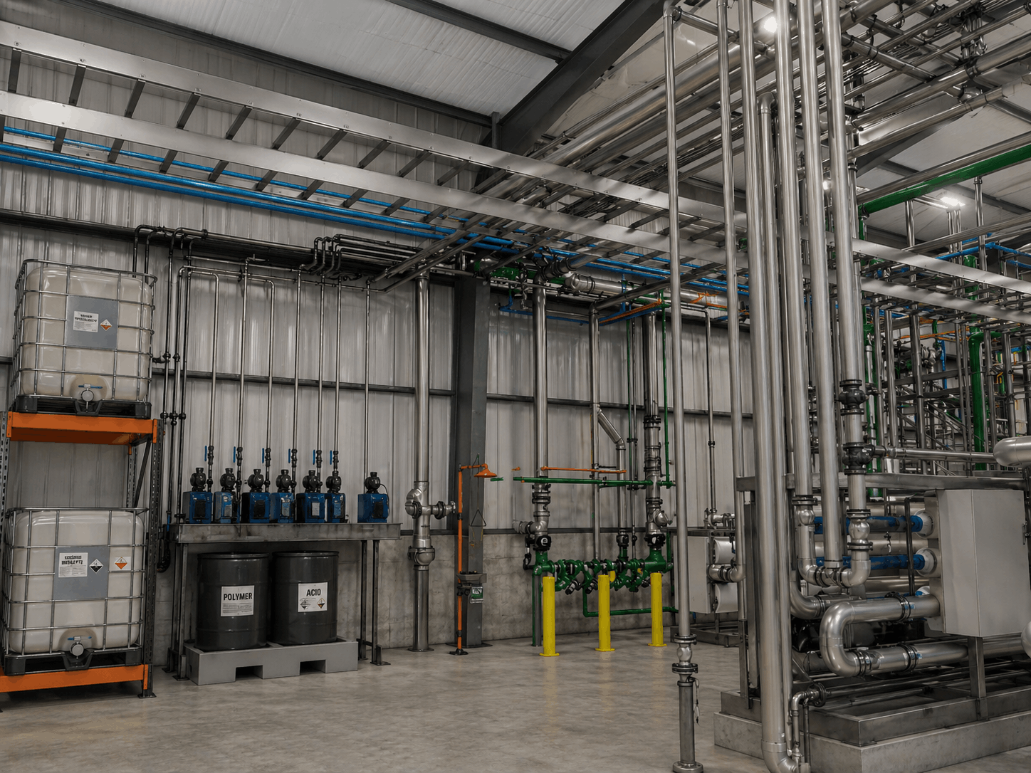 Industrial facility interior with stainless steel piping, pumps, and chemical storage containers.