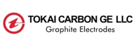 Logo of TOKAI Carbon GE LLC featuring a red circular symbol with a lightning bolt, and text listing the company name and 'Graphite Electrodes'.