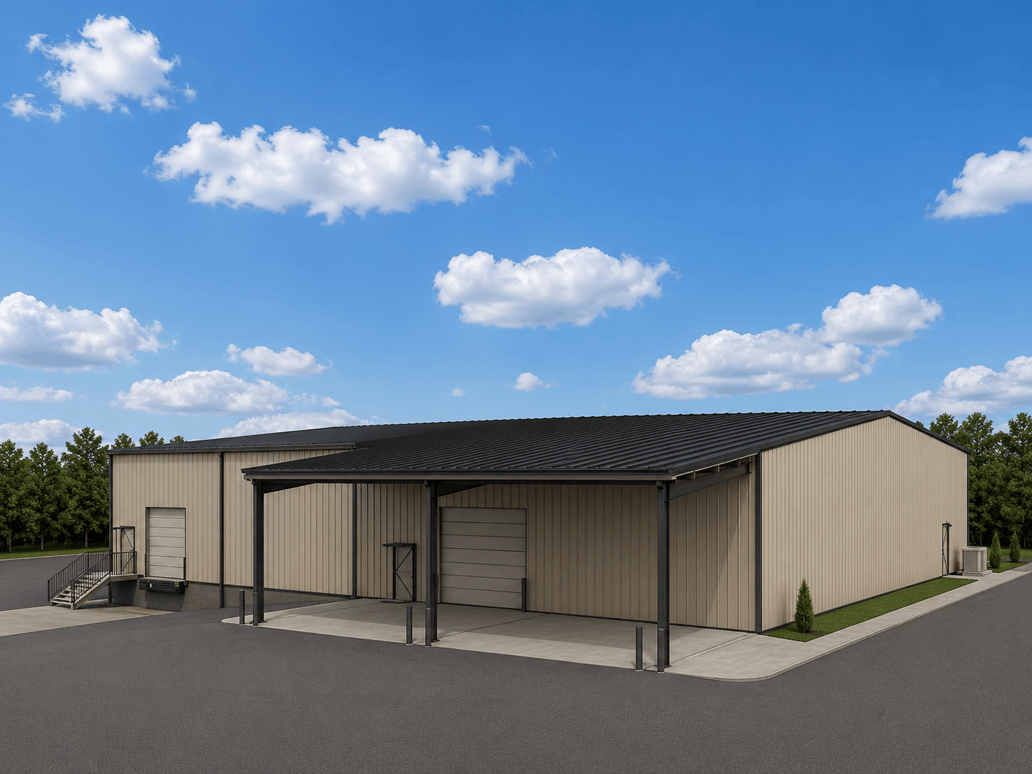 Metal warehouse building with covered loading dock and overhead doors.