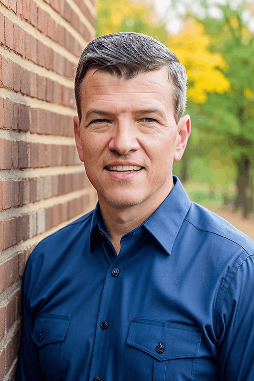 Profile picture of John Riordan with short gray hair wearing a blue collared shirt, standing next to a brick wall outdoors with green and yellow autumn leaves in the background.