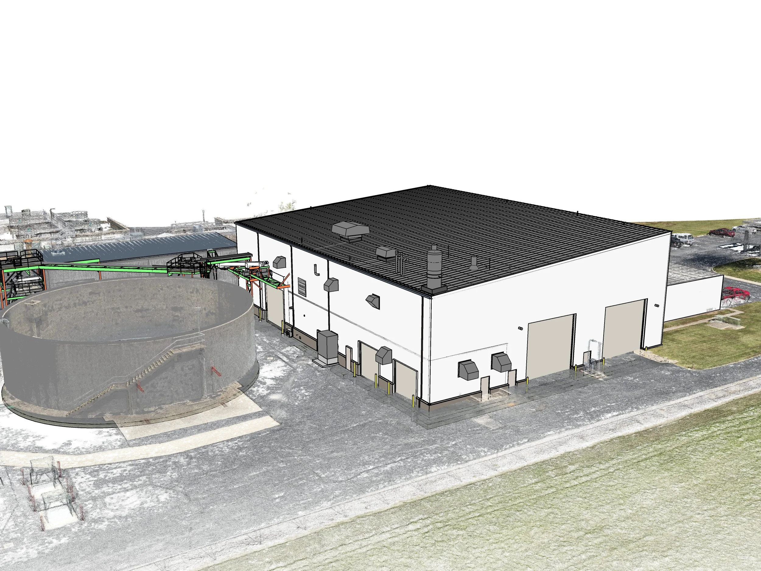 3D site model of industrial facility with storage tank and processing building.