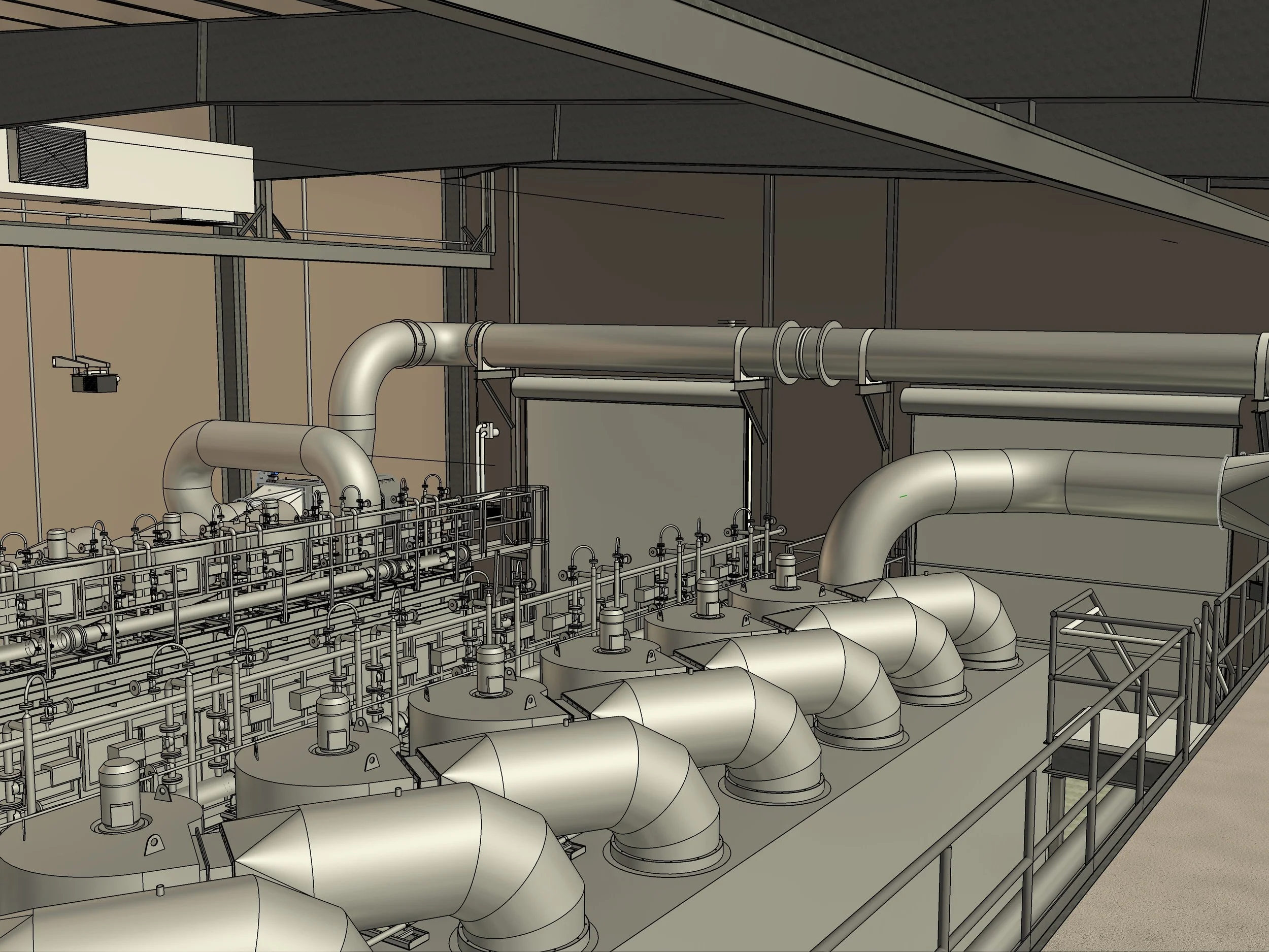 3D model of industrial piping system and processing equipment inside manufacturing facility.