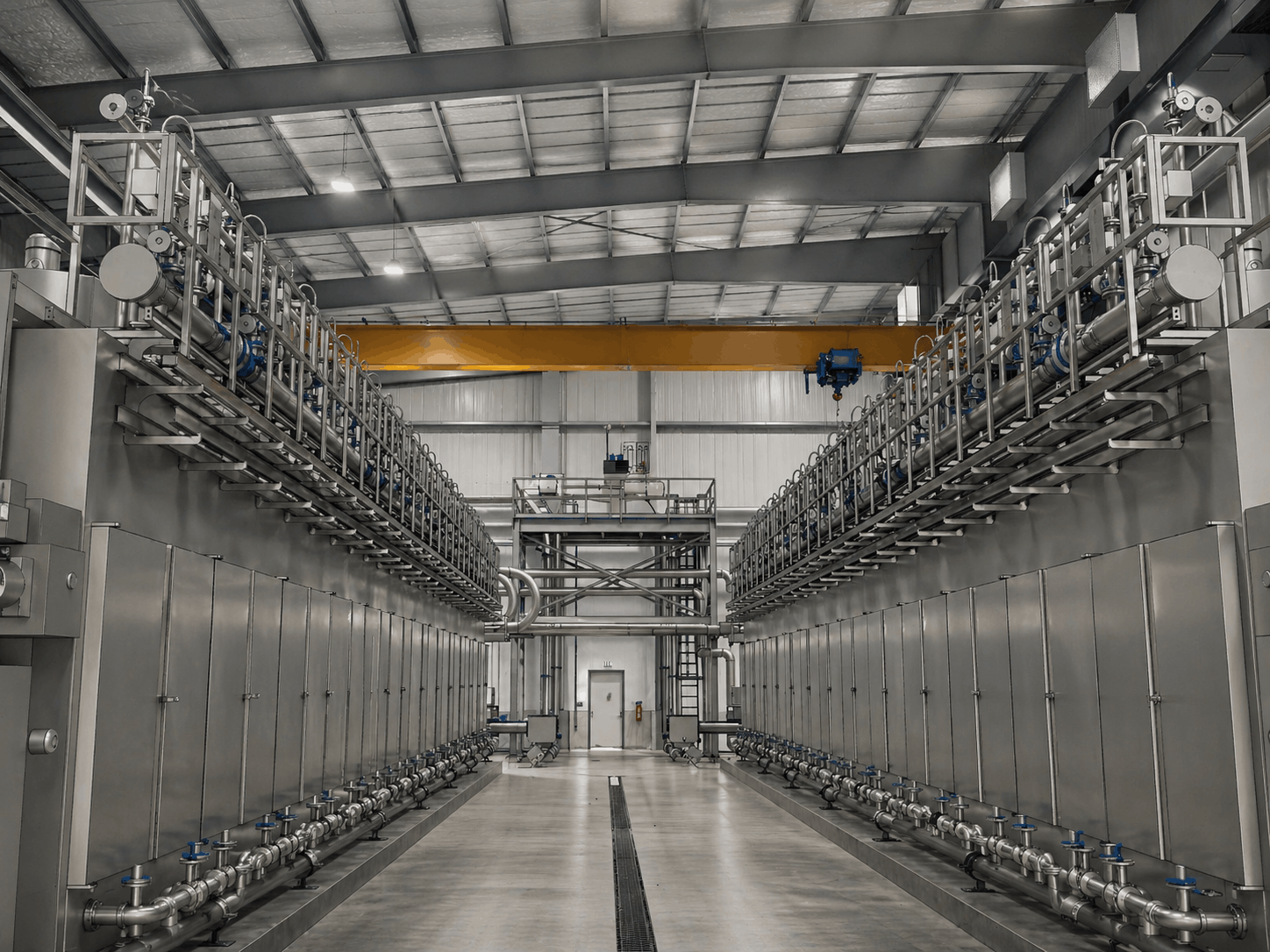 Large-scale industrial processing line with stainless steel piping and equipment layout.