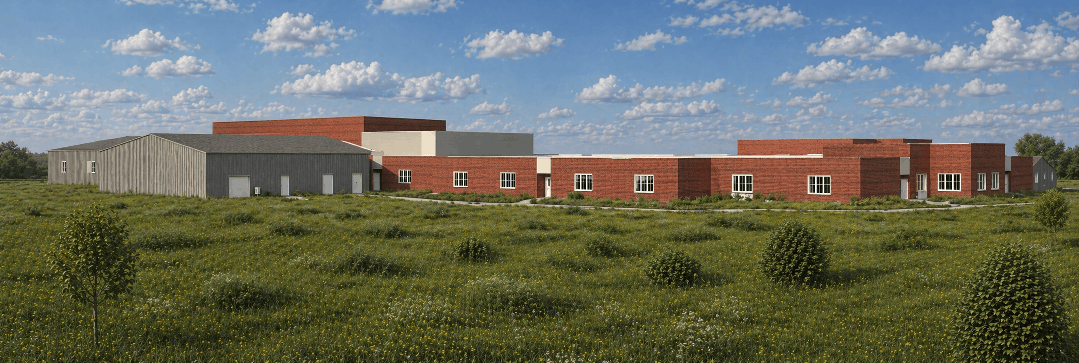 Wide view of modern brick education facility set in open field with natural landscaping.
