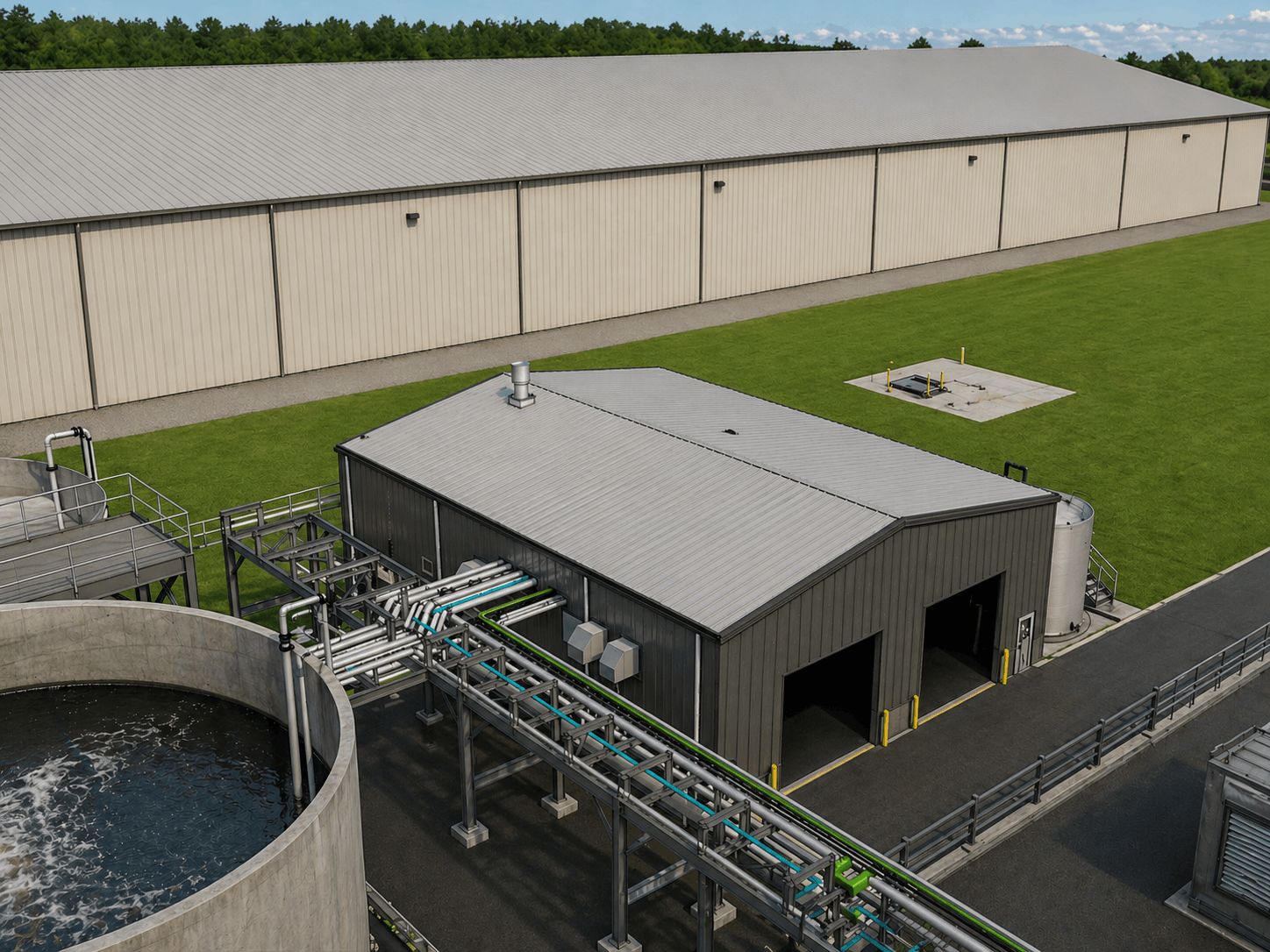 Industrial processing building with exterior piping and adjacent storage tank.
