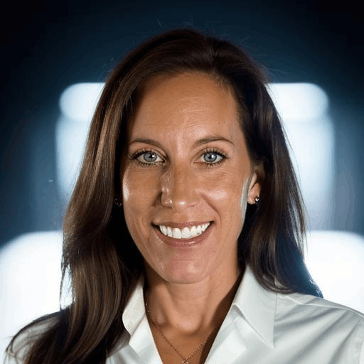 Profile picture of Michelle Feltman with long brown hair and blue eyes, smiling, wearing a white collared shirt, against a blurred dark background with bright light sources.