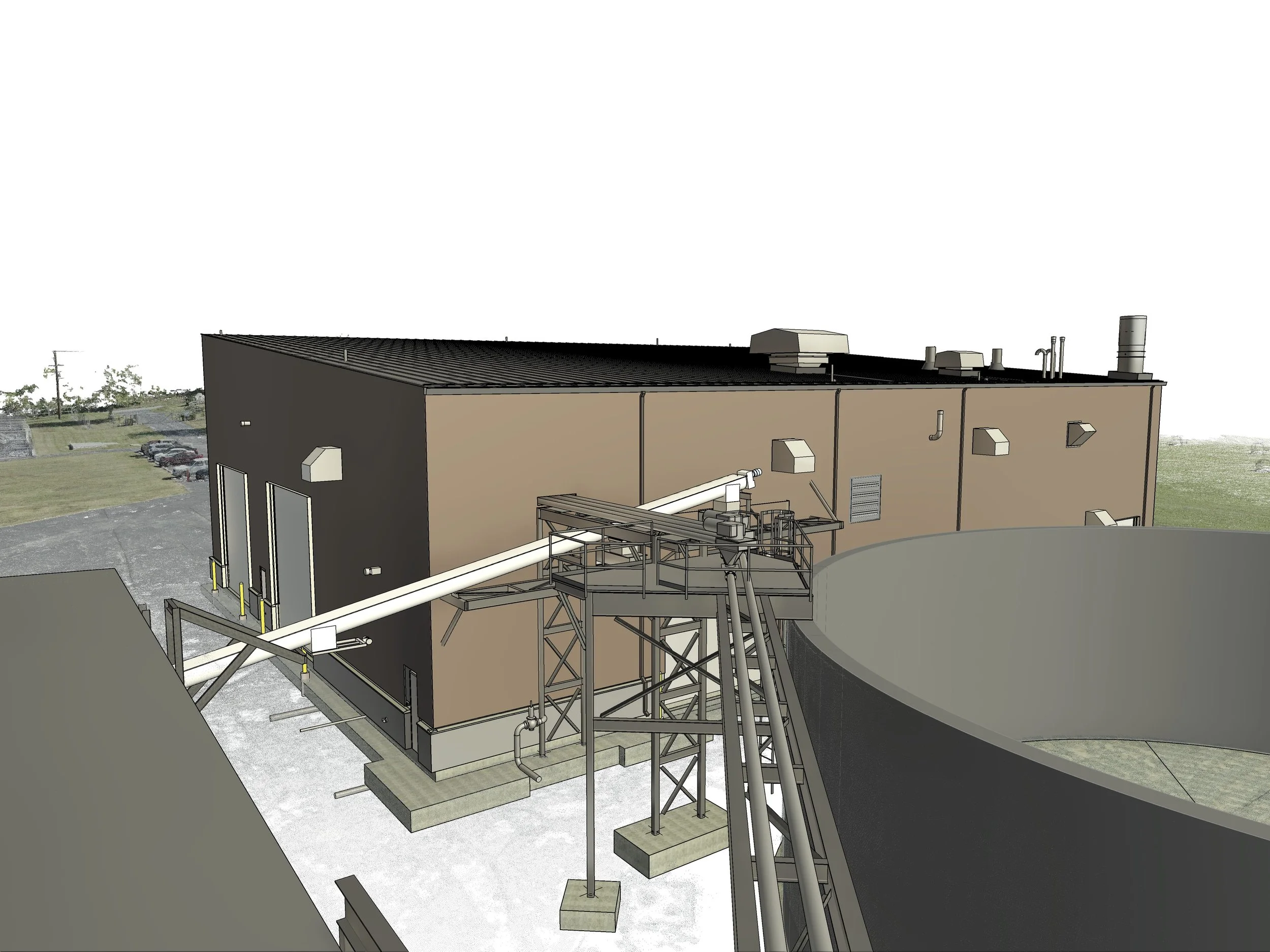 3D rendering of industrial conveyor system connecting storage tank to processing building.