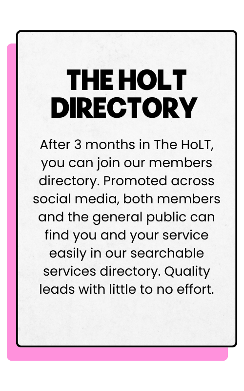 Information about The Holt Directory, mentioning a three-month wait period to join, social media promotion, and the benefits of being listed for searchability and visibility.