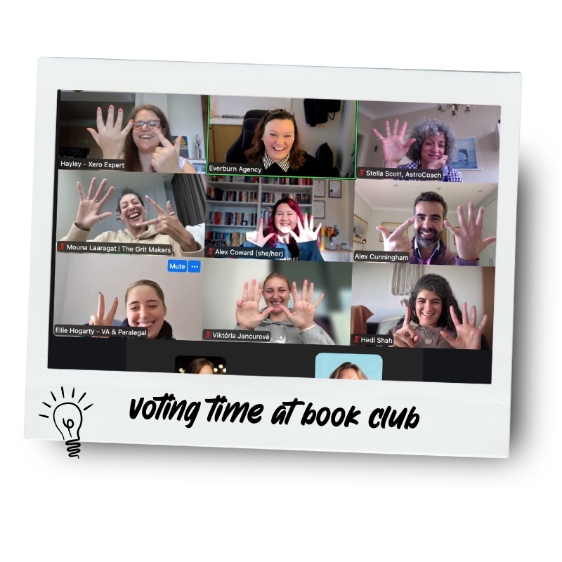 A virtual meeting on a computer screen showing nine diverse people smiling and holding up their hands in a wave, with a caption at the bottom that reads "voting time at book club" and a small drawing of a light bulb.
