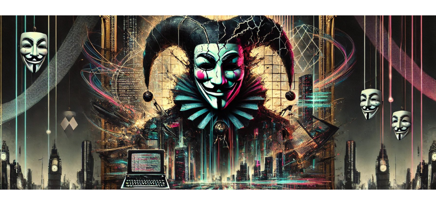 A dark and broody photo of a jester in a smiling mask with more masks hanging behind him, a laptop, and a city skyline in the dark background.