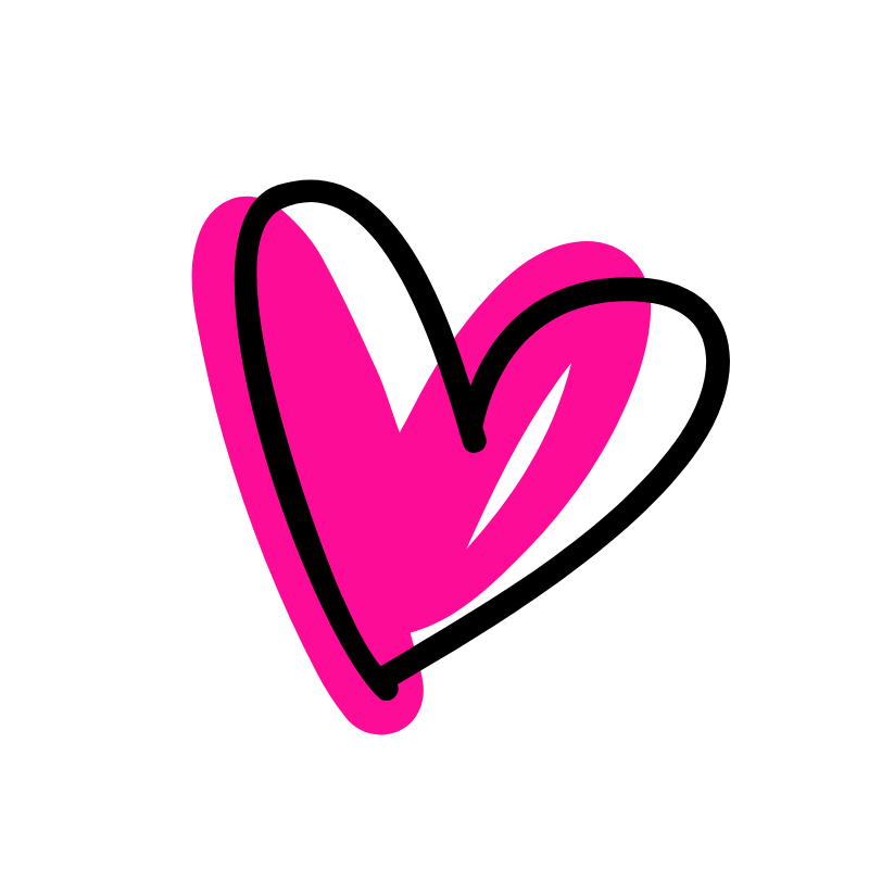 Pink heart with black outline and accents, on a black background.