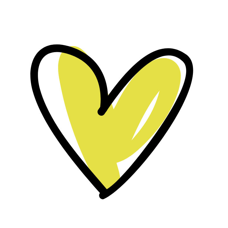 A yellow heart with a black draw over it on a black background.
