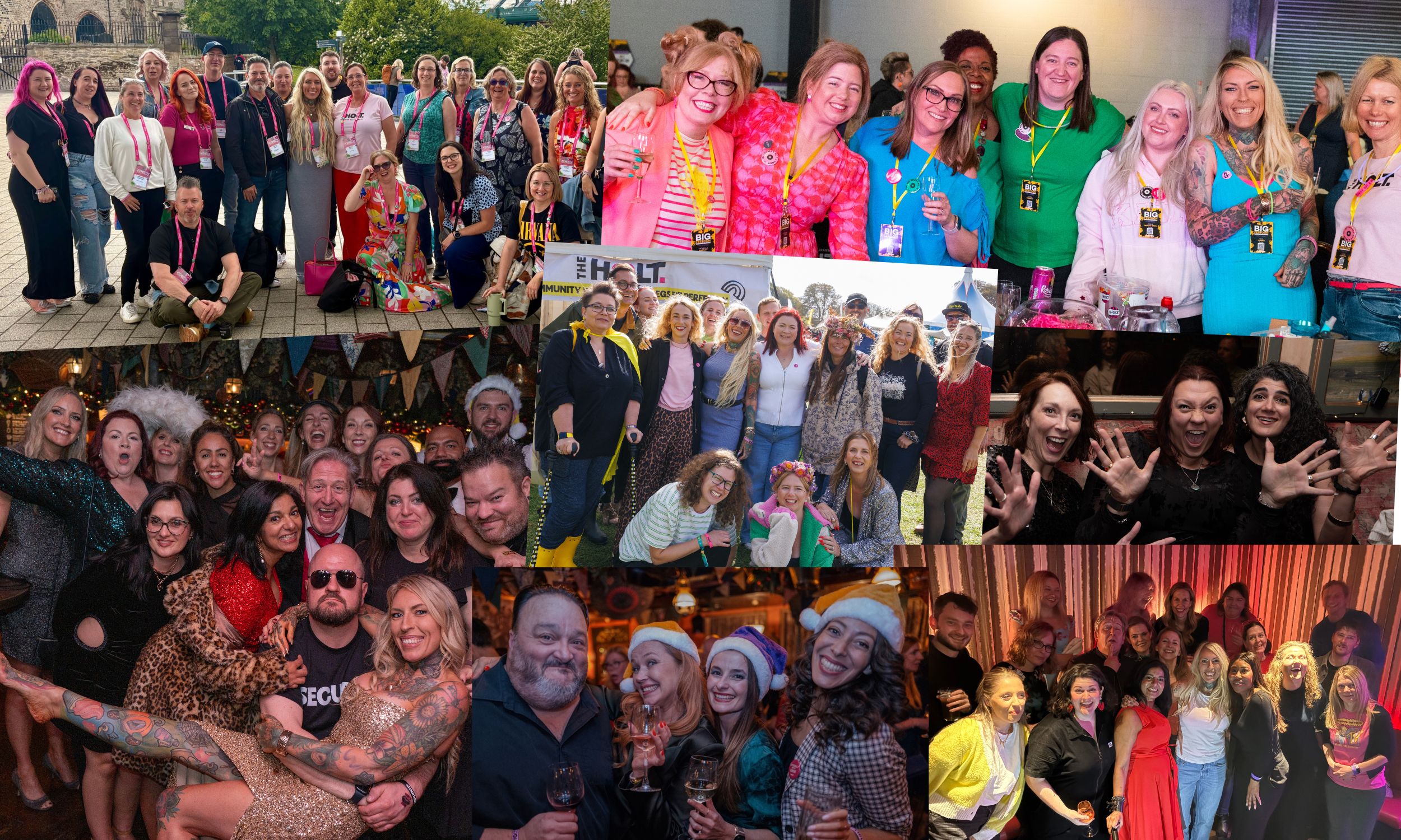 Collage of nine photos showing groups of people at social events and celebrations, including outdoor gatherings, holiday parties, and festive indoor parties, some wearing costumes and Christmas hats.