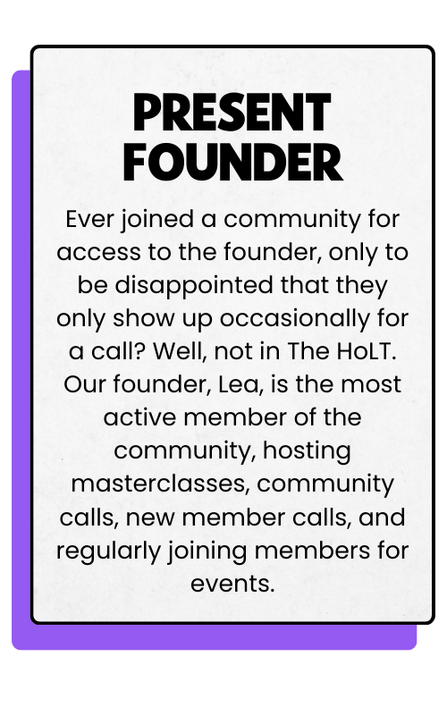 Text-based sign or poster about the community leader Lea, highlighting her active involvement in hosting masterclasses, calls, and events.