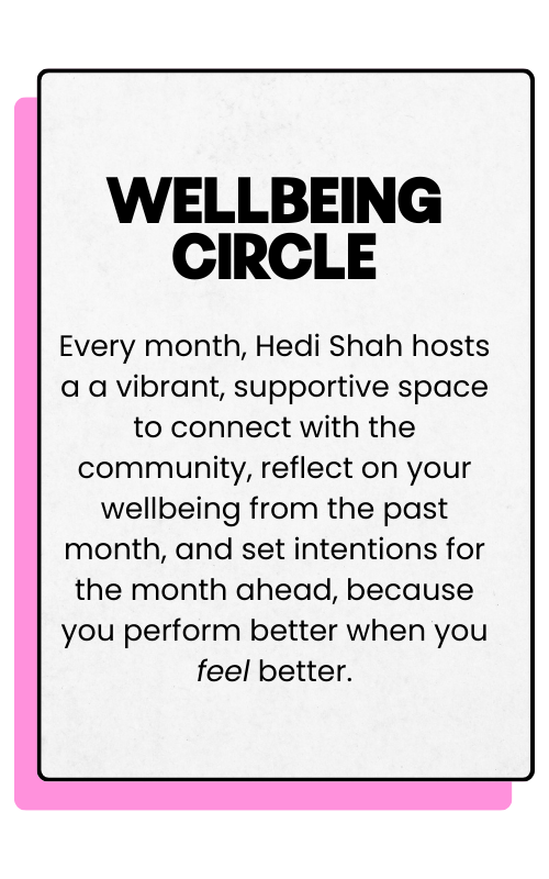 Information about the Wellbeing Circle hosted by Hedi Shah, emphasizing the importance of community support, reflection on past wellbeing, and setting healthy intentions for the future.