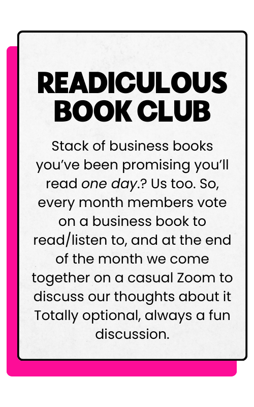 Announcement for Readiculous Book Club explaining monthly voting on business books, discussing via Zoom, with optional participation.